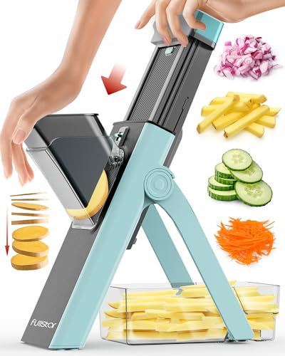 Fullstar Mandoline plus sûre pour cuisine, concombre, pommes de terre, julienne, légumes et aliments (4 en 1, gris et turquoise)