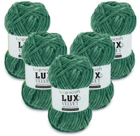 Benetton Green Loopncraft, 5 gomitoli di lana di ciniglia, 5 x 100 g, Lux Velvet, filato di velluto super morbido