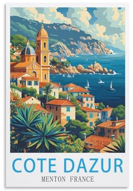 LHJOIUN Cote D'azur Menton Frankreich, Vintage-Reiseposter, 20 x 30 cm, Kunstdruck auf Leinwand, für Wohnzimmer, Schlafzimmer, Heimdekoration, moderne Kunst