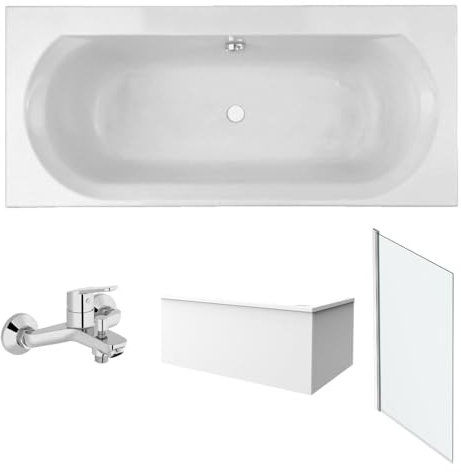 Pack baignoire droite 180 x 80 JACOB DELAFON Elise + tablier angle + mitigeur bain Aimé chromé + pare bain chromé + vidage