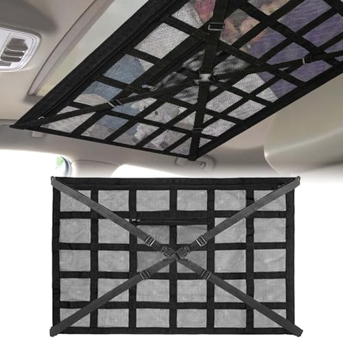 Gepäcknetz Auto Universal 78x53cm, Autodach-Decke mit Verstellbaren Kreuzgurten, Reißverschluss-Taschen, Doppellagiges Polyester, Max 8kg für SUV und Van