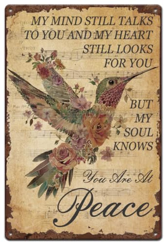 SUPERDANT Retro Blechschild Vintage Blumenkolibri Metall Poster Du Bist Im Frieden Worte Metall Gemälde Dekor Personalisierte Wandkunst Blechdeko Schild Zuhause Kaffeezimmer Wanddekoration