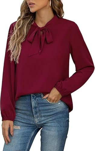 Yommay Damen Bluse Elegant Langarm Tunika T-Shirt Krawatte Hals Flowy Chiffon Oberteile für Frauen Herbst Mode,Weinrot,M