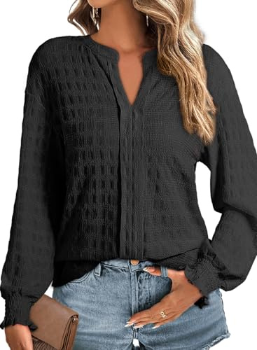 Dokotoo Ladies Tops Long Sleeve V Neck Spring Womens Tunic Top Loose Casual T-Shirts for Women Solid Color Shirt Textured Women's Blouses Shirts Fall Black UK S