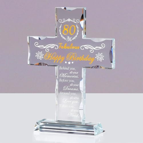 Movdyka Crystal 80th Birthday Cross Gifts for Women Men Engraved Glass 80 Years Old Birthday Presents Ideas for Mum Nan Christian 80th Birthday Religious Decoration Keepsake