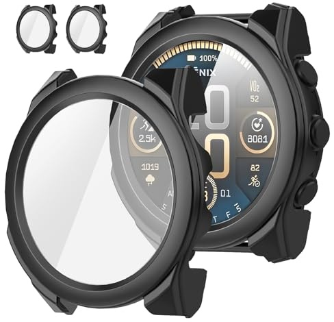 Diruite 2 Stück Schutzhülle für Garmin Fenix 8 47mm Hülle Schutzhülle Kratzfest HD Gehärtetes Glas PC Enge Passform Schutz Case,Schwarz&Schwarz,47mm