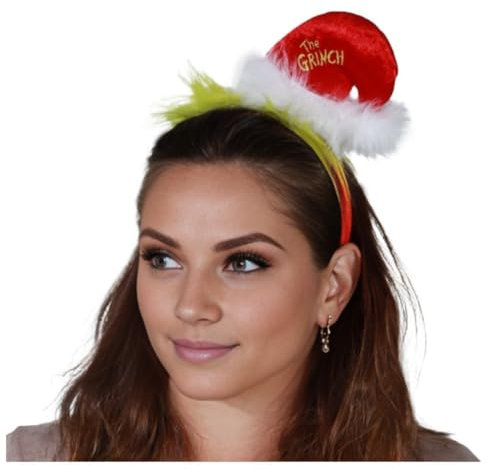 Chaks - Der Grinch™ Haarreif für Erwachsene mit grünem Plüsch & Weihnachtsmütze, Accessoires für Grinch Kostüme