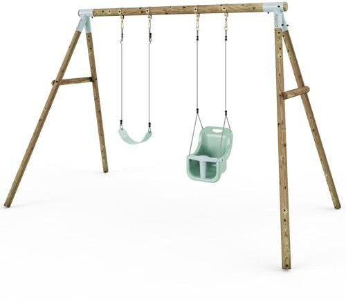 Limited Edition Rebo Wooden Garden Double Swing Sets - Luna | Pressure Treated Timber| Soft Feel Ropes| Baby Swing Seat and Flexible Swing Seat | Sturdy Construction | Pastel Green