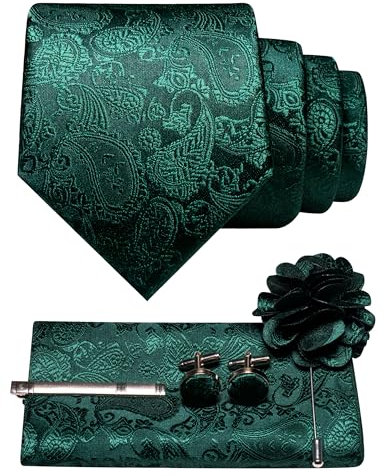 JEMYGINS Herren Paisley Krawatte mit Einstecktuch Krawattenklammer Blumenbrosche und Manschettenknöpfen Set Grün - grüner Boden