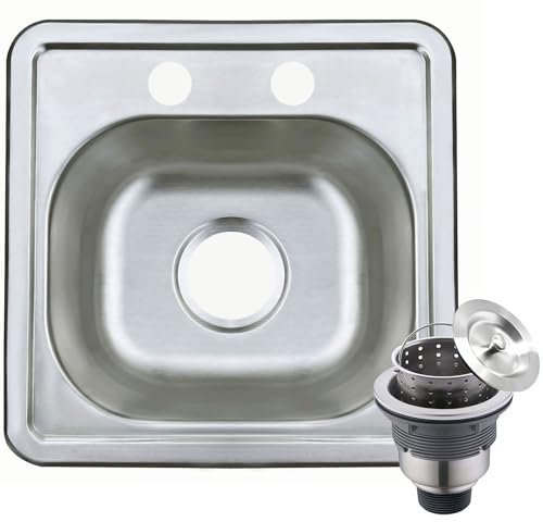 ORLANDO 15 x 15 inch Stainless Steel Drop in kitchen Bar Sink, Topmount RV Kitchen Sink, 2-Hole Single Bowl Kitchen Sink，Outdoor Sink Basket Strainer Included