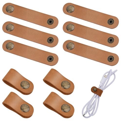 10pcs Leather Cord Organizer Straps Leather Cable Ties Travel Cord Leather Snap Brown PU Phone Cord Ties for Charging Cables Reusable Leather Cord Keeper Snap Closure for Charging Cord Power Cord