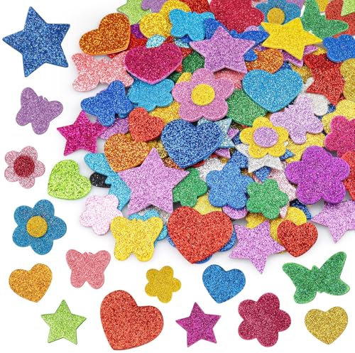 Suofuolef Glitzernde Schaumstoff Aufkleber, 4 Muster Bunte Sterne, Herz, Schmetterlinge, Blumen Aufkleber für Kinder/Wand Dekoration/Basteln/Fertigkeit Dekoration