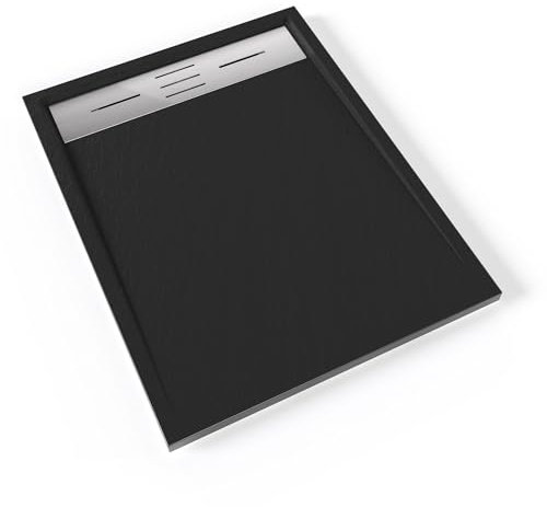 HIEMAL INOX Receveur de douche 70 x 90 cm résine Noir aspect ardoise + bonde inox incluse - Salle de bain