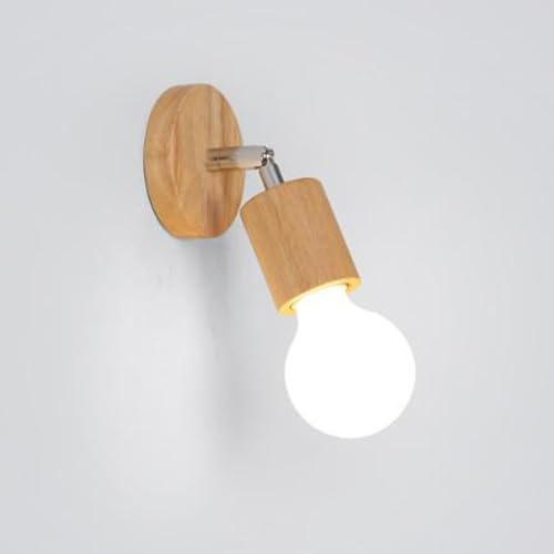 LIGKIN Wandleuchte Holz Retro Wandlampe Deco Wandstrahler 350° Drehbare Wandbeleuchtung Industrielle Wandleuchte E27 Deckenleuchte Innen für Flur Zimmer Bar (Rund)