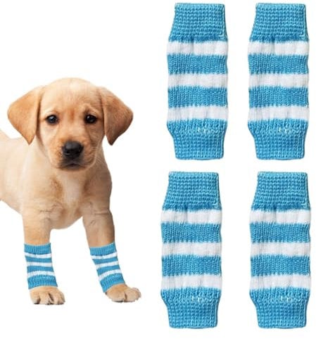Dog Leg Warmers,4PCS Winter Soft Warm Strip Pattern Dog Leg Sleeves,Knitted Dog Elbow Protector Elastic Pet Leg Hock Protectors for Kitten Puppy Small Medium Dogs Cats (Blue, L)