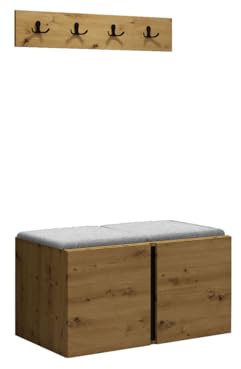 Mirjan24 Garderoben-Set Monati VI, Schuhschrank + Kleiderhakenbrett und Gepolstertes Paneel/Wandpaneel, 4 Doppelhaken, Flurgarderobe, Wandgarderobe (Eiche Artisan/Schwarz, Abriamo 06)