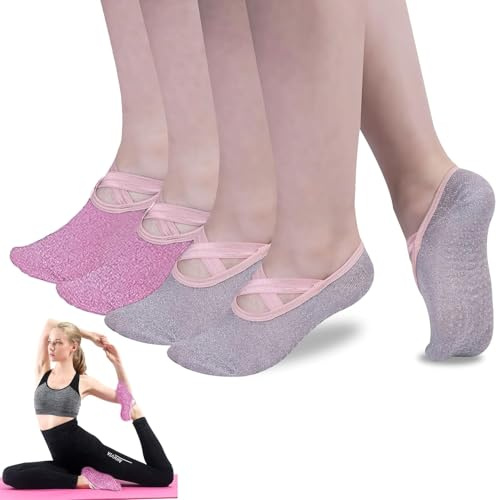 lulupila 4-Paare Rutschfeste Pilates Socken mit Griffen für Frauen, Griff für Yoga Ballet Barfuß Workout Anti Rutsch Athletische Socken