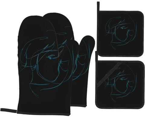 BROLEO Set da 4 pezzi con stampa di scarabocchi personalizzati – guanto da forno isolato e presine, anti-scottatura e isolamento termico