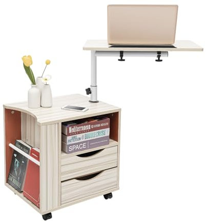 Elksften Drehbarer Nachttisch Aus Verstellbarem Holz, 50 x 40 x 52cm Schlafzimmer Funktioneller Drehbarer mit Schubladen, Rädern, für Wohnräume, Büros, Schlafzimmer, Weißer Ahorn
