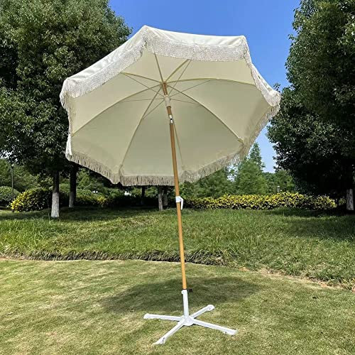 Sweet taize Sombrilla de playa con flecos blancos, sombrilla de jardín portátil, parasol de exterior para jardín, patio, inclinable
