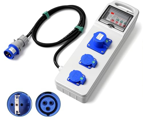EYPINS Stromverteiler 16A mit LS+FI, Tragegriff-Steckdosenleiste 2x 230V Schuko-, 3P CEE-Steckdose, 16A 3P CEE-Stecker 1,85m Kabel, Kleinstromverteiler IP66/IP54 für Camping Wohnmobile Boote Outdoor