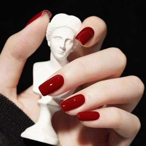 LOPHE Rot Press On Nails, 24 Stück Einfarbig Fake Nails mit Nagelkleber, Dunkelrot Künstliche Fingernägel Kurz Full Cover, für Halloween und Weihnachten