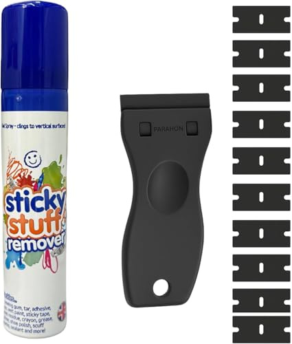 Sticky Stuff Remover with Plastic Scraper & 10 Blades | Adhesive, Label & Sticker Residue Remover | Glass, Ceramic, Plastic, Metal, No Scratch Cleaning Tool (200ml)