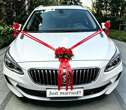 Premium Autoschmuck Hochzeit Rot, Autodekoration Hochzeit Motorhaube, Deko Hochzeitsauto, Blumen Auto Hochzeit,Car Wedding Girlande, Auto Schmuck Hochzeit Braut Paar Rose Deko,Rosendekoration Rot