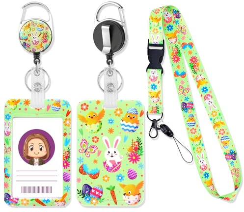 Porta Tarjetas Identificativas de Pascua con Llavero Retráctil, Tarjetero Colgante con Conejo y Huevos, Cordón Desmontable Cuelga Llaves Cuello Lanyard con Portatarjetas para Estudiantes Profesores