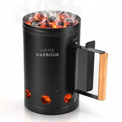 Home Harbour Heatrise BBQ Charcoal Chimney Starter, Heavy Duty Steel Charcoal Starter, Fast Fire Lighting in 10-15 Minutes, Wooden Heat Resistant Handle, No Lighter Fluid Required, Black, 27.5 x 17cm