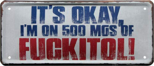 WOGEKA ART Retro Blechschild - It´s ok, I´m on 500 MGS of Fuckitol - witziger Spruch als Geschenk-Idee zum Geburtstag Weihnachten Dekoration 28x12 cm Vintage-Design Metall 1943