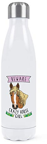 Attention Crazy Cheval Fille Double Mural Eau Bouteille Isotherme Acier Inoxydable Sport Boissons 500ml Blanc