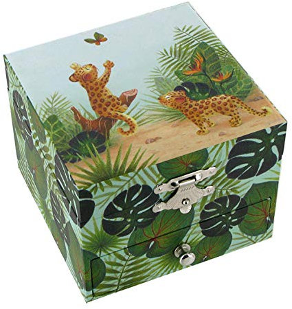 Schmuckschatulle/Schmuckschachtel/Schmuckkästchen mit Spieluhr aus Holz mit tanzendem Leoparden, Spiegel und 18-Ton-Federspielwerk - Dornröschen (P. I. Tschaikowski)