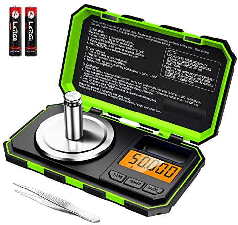 ORIA Balance de Poche Numérique, 50g /0.001g Echelle de Professionnelle, Balance à Bijoux Portable avec Poids d'Etalonnage de 50g, Tare et Rétroéclairé LCD (Batterie/Pince à Epiler Incluses) - Vert