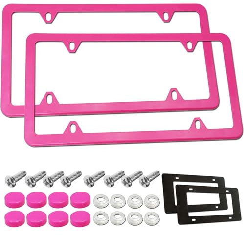 BGGTMO Kfz-Kennzeichenrahmen – Edelstahl matt Kennzeichenabdeckungen mit gratis Schrauben und Schraubverschlüssen, Kennzeichenhalter für US-Fahrzeuge (rosa Kennzeichenrahmen)