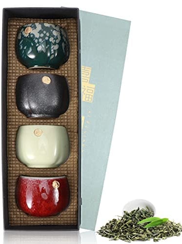 HERCHR 4-teiliger Satz Keramikbecher, Japanische Teetasse-Geschenk-Set,Keramik-Teetassenset, Retro-Tee-Becher in Der Chinesischen/japanischen Kung-Fu-Teehitze-Sake-Becher, Sake Cups Teetassen