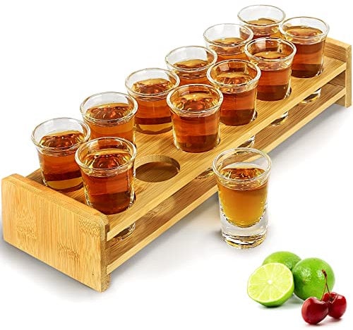 Shot Glass Set 12pcs 30ml/1oz Shot Glass Tray Holder Straight, Thick Base Clear Glass for Party, Club, Bar, Drinking - MJS-12 (12pcs)