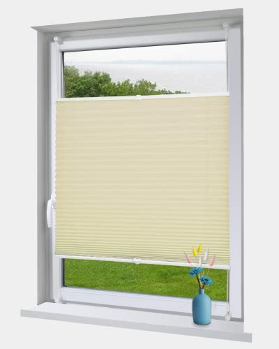 OBdeco Plissee Rollo Klemmfix ohner Bohren lichtdurchlässig Crushed Optik Faltrollo für Fenster und Türen Easyfix Creme 90x130cm