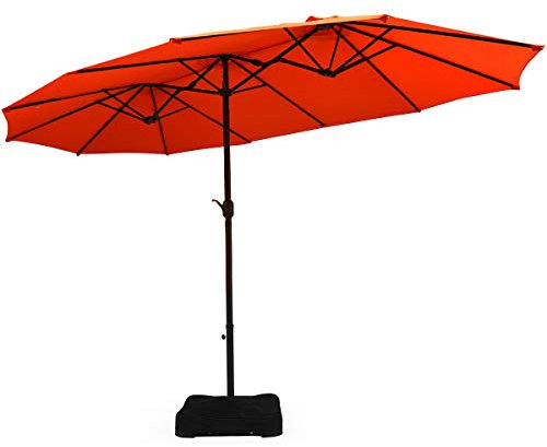 COSTWAY 4.6m Double-Sided Parasol with Base and Crank Handle, Outdoor Extra Large Sun Umbrella, Portable Market Sunshade Shelter Canopy for Garden Patio Beach (Orange)