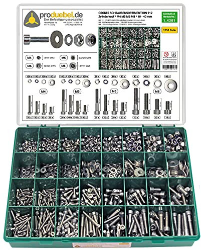 Großes Schrauben-Sortiment DIN 912 Zylinderkopf M4/M5/M6/M8 Edelstahl A2 V2A (DIN912+934+985+125+9021) 1751-tlg (Standard-Box)