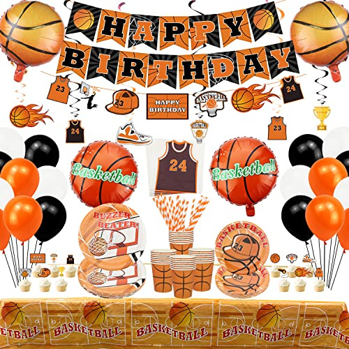 Hegbolke Decoración de Fiesta de Baloncesto: Incluye 4 Globos de Baloncesto, Platos, Tazas, servilletas, espirales Colgantes, Carteles y Globos: para 20 Personas