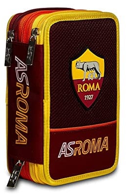 AS Roma Astuccio Scuola Elementare 3 Scomparti, Gallo Rosso, Completo di Matite, Penne, Pennarelli, Portapenne Scuola Bambino Elementari