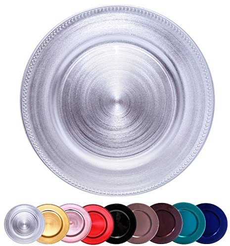 DaCakeWS 13-inch Silver Round Beaded Electroplating Charger Plate, Electroplating Technology Charger Plate, Suitable for Restaurant, Party, Wedding,Festive Decorations