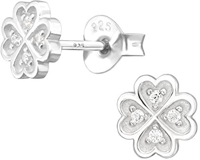 Laimons Kinder Mädchen-Ohrstecker Kleeblatt 6mm Glanz mit Zirkonia Sterling Silber 925