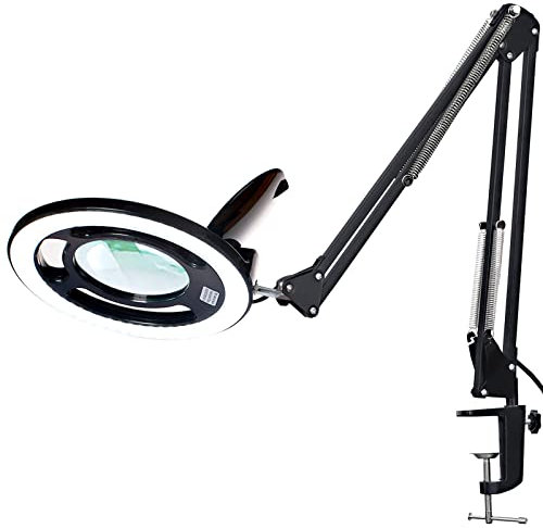 10X Magnifying Glass with Light, KIRKAS 2,200 Lumens LED Magnifying Lamp with Clamp, Stepless Dimmable Real Glass Lens Magnifier, Adjustable Arm Workbench Light for Close Work Hobby Repair - Black