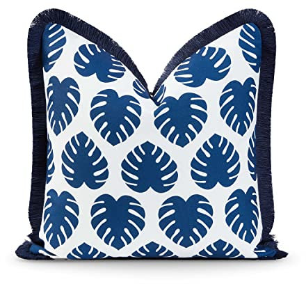 Hofdeco Premium Coastal Kissenbezug im Hampton-Stil, nur für Terrasse, drinnen und draußen, 50,8 x 50,8 cm, wasserabweisend, für Garten, Couch, marineblaue Monstera-Blattfransen