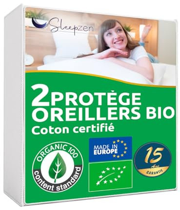 SLEEPZEN Protège Oreiller 60x60cm Absorbant - Lot de 2, Molleton 100% Coton Bio, Protege Oreiller - Housse Oreiller Anti Acariens, Antibactérien et Hypoallergénique - Non Imperméable