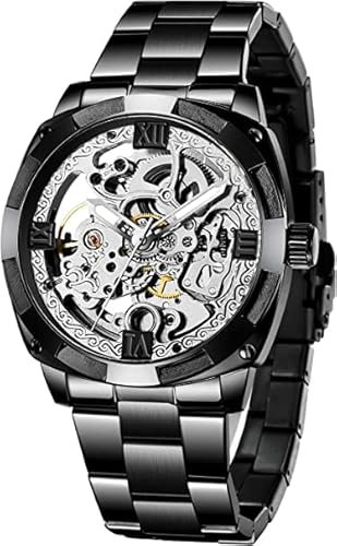 Tiong Automatik Uhr Herren Mechanische Skelett Glasboden Römische Zahlen Diamant Zifferblatt Wasserdicht Schwarz Männer Armbanduhr mit Edelstahl Uhren (silber1)……