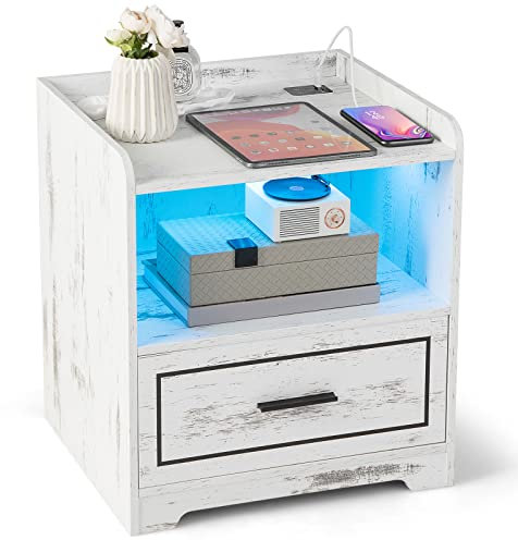 COSTWAY Table de Chevet LED avec 2 Ports Charge et Tiroir, Table de Nuit Lumineuse 3 Couleurs Réglables avec Compartiment, Capteur Intelligent, 45 x 40 x 50 cm (1, Blanc)