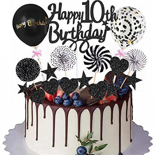 Yunchu Online Happy 10th Birthday Tortendeko Schwarz für Junge Mädchen - Kuchen Topper 10 Jahre - Kuchendeko Cupcake Toppers